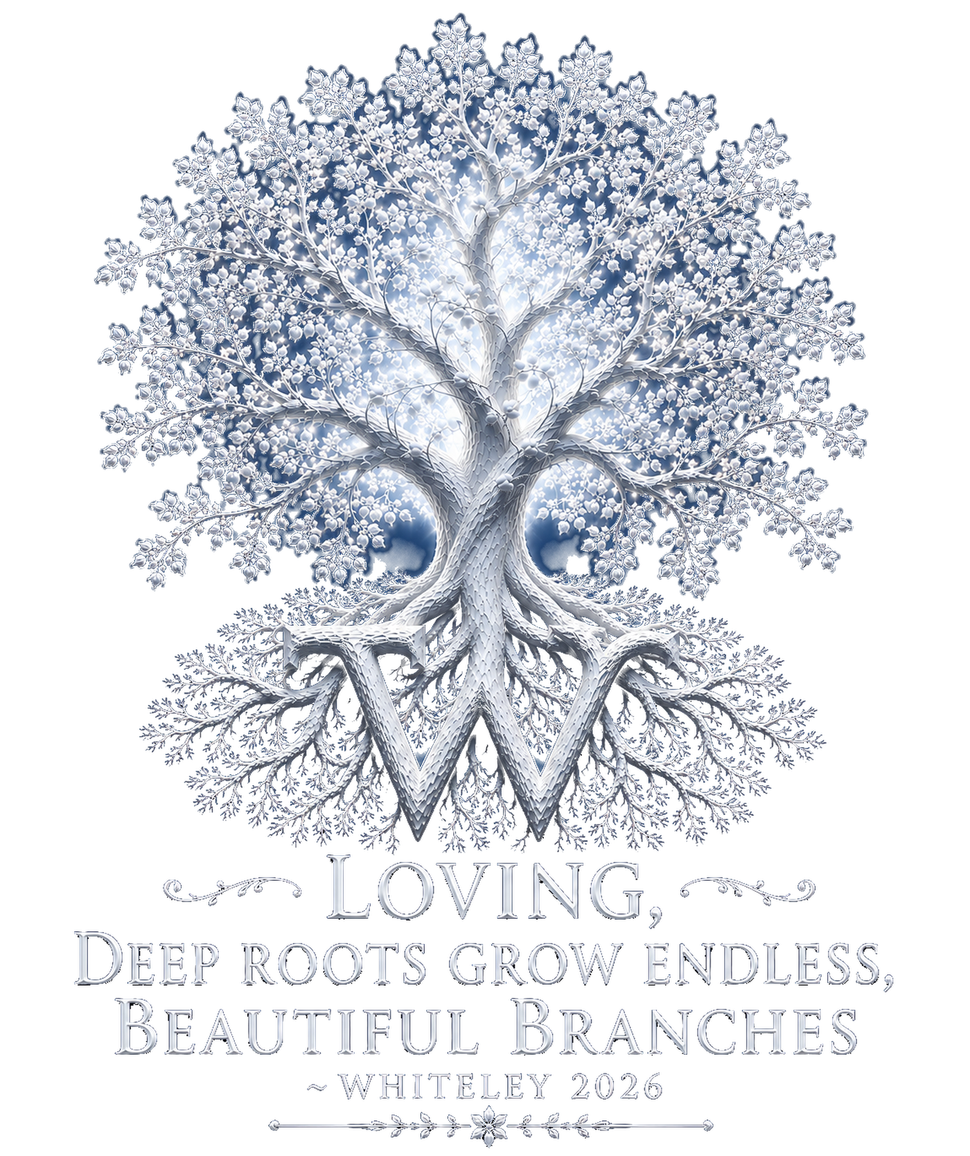 Whiteley family tree artwork with the words loving, deep roots grow endless, beautiful branches